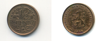 НИДЕРЛАНДЫ 1/2 ЦЕНТА 1938 ВИЛЬГЕЛЬМИНА (1890-1948) KM 138 бронза 83-832