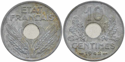 ФРАНЦИЯ 10 САНТИМОВ 1942 ДИАМЕТР 21,3 ММ., ПРАВИТЕЛЬСТВО ВИШИ KM 898.2, LE FRANC 141.3 цинк 108-242
