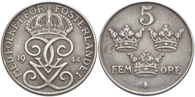 Швеция 5 эре 1944 Густав V (1907-1950) KM 812 железо 115-914