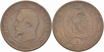ФРАНЦИЯ 10 САНТИМОВ 1857 BB, НАПОЛЕОН III (1852-1870) KM 771.3, LE FRANC 133.41 бронза 38-1243