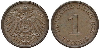 Германия 1 пфенниг 1895 J, цена по каталогу МТ 50 евро KM 10, J. 10 медь aUNC 71-1022