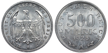 Германия 500 марок 1923 А KM 36, J.305 алюминий UNC 4587-522