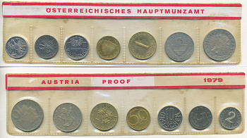 Австрия набор из 7 монет  1979  2, 5, 10, 50 грошей, 1, 5, 10 шиллингов, в целлофане KM PS 39 PROOF 4400-2-1