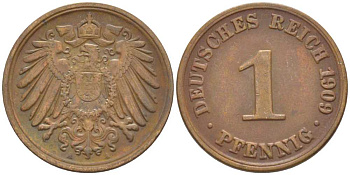 ГЕРМАНИЯ 1 ПФЕННИГ 1909 A KM 10, J. 10, Weege 2 медь 211-418