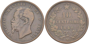 ИТАЛИЯ 10 ЧЕНТЕЗИМО 1866 M, МОНДВОР МИЛАН, ВИКТОР ЭММАНУИЛ II (1861-1878) KM 11.1 медь 4526-745