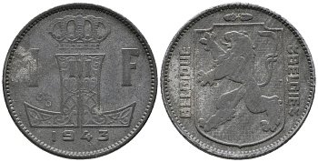БЕЛЬГИЯ 1 ФРАНК 1943 BELGIQUE-BELGIE KM 127 цинк 34-1134