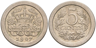 Нидерланды 5 центов 1907 Вильгельмина (1890-1948) KM 137 медно-никель 4576-763