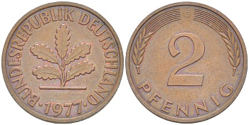 ФРГ 2 пфеннига 1977 G KM 106a, J.381a сталь плакированная медью 4181-826