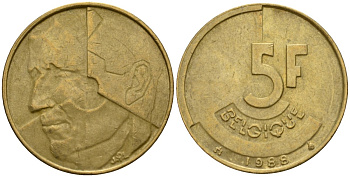Бельгия 5 франков 1988 Belgique, Бодуэн I (1951-1993) KM 163 алюминиевая бронза 4601-213
