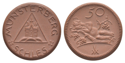Мюнстерберг 50 пфеннигов ND (1921) Men05 18133.14, Scheuch 204a фарфор 1094-10-31