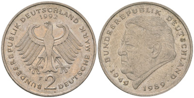 ФРГ 2 марки 1992 F, Франц Йозеф Штраус, 40 лет Федеративной Республике KM 175 медно-никель 4572-925