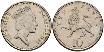 Великобритания 10 пенсов 1992 Елизавета II (1952-2022) KM 938b, Spink 4367 (F4) медно-никель 4601-445