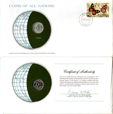 Замбия 5 нгве 1972 конверт с маркой первого дня гашения, Coins of Nations KM 11 медно-никель UNC 4294-13-3
