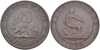 Испания 10 сентимо 1870 ОМ, лев со щитом KM 663 (Y54) медь 115-921