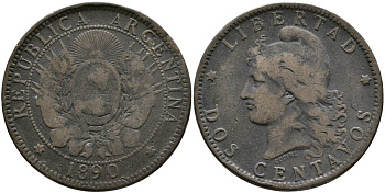 Аргентина 2 сентаво 1890 голова свободы влево KM 8 бронза 4531-936
