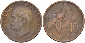 ИТАЛИЯ 10 ЧЕНТЕЗИМО 1935 R, ВИКТОР ИМАНУИЛ, ПЧЕЛА KM 60 медь 4548-117