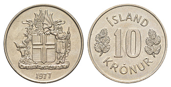 Исландия 10 крон 1977 KM 15 медно-никель UNC 4646-1213