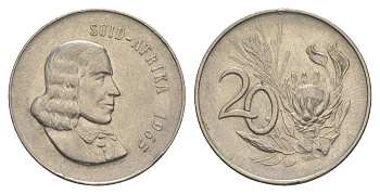 ЮАР 20 центов 1965 Ян ван Рибек (1619-1677), Suid Africa, легенда на африкаанс, цветок протея KM 69.2 никель 4546-711