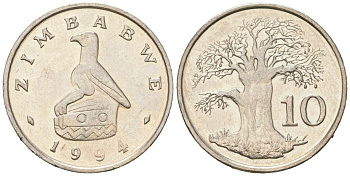Зимбабве 10 центов 1994 птица-идол, баобаб KM 3 медно-никель UNC 4615-1153