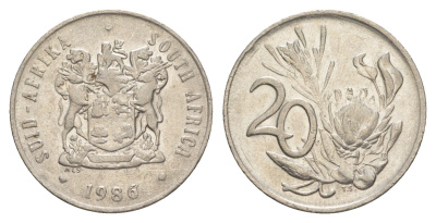 ЮАР 20 центов 1986 герб, цветок протея KM 86 никель 4601-645