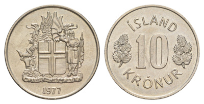 Исландия 10 крон 1977 KM 15 медно-никель UNC 4646-1213