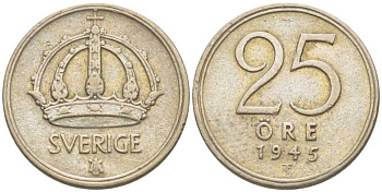 Швеция 25 эре 1945 TS, Густав V (1907-1950) KM 816 серебро 116-1135