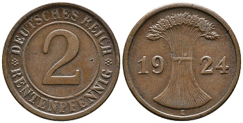ГЕРМАНИЯ 2 РЕНТЕНПФЕННИГА 1924 E KM 31, J. 307 бронза 24-532