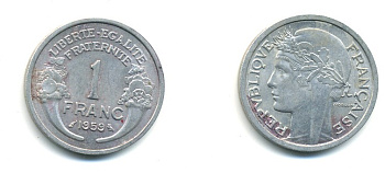 ФРАНЦИЯ 1 ФРАНК 1959 ТИП MORLON, LEGERE KM 885a.1, LE FRANC 221.23 алюминий 80-634