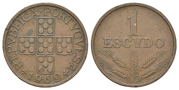 Португалия 1 эскудо 1969 первый год KM 597 бронза 4628-1013