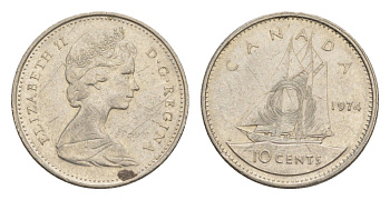 Канада 10 центов 1974 Елизавета II (1952-2022), парусник KM 77 никель 4639-629