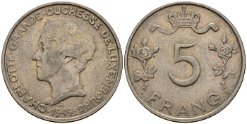 Люксембург 5 франков 1949 Великая герцогиня Шарлотта (1919-1964) KM 50 медно-никель 4599-1212