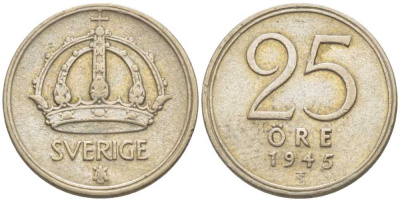 Швеция 25 эре 1945 TS, Густав V (1907-1950) KM 816 серебро 116-1135