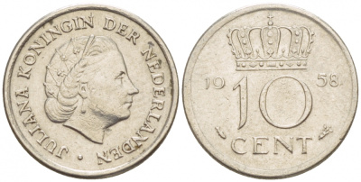НИДЕРЛАНДЫ 10 ЦЕНТОВ 1958 ЮЛИАНА KM 182 никель 4547-829