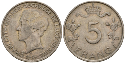 Люксембург 5 франков 1949 Великая герцогиня Шарлотта (1919-1964) KM 50 медно-никель 4599-1212