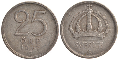 Швеция 25 эре 1947 TS, Густав V (1907-1950) KM 816 серебро 4179-864
