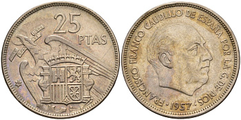 Испания 25 песет 1957(61) Франциско Франко (1939-1975) KM 787 медно-никель 4583-1041
