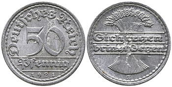 ГЕРМАНИЯ 50 ПФЕННИГОВ 1921 GF KM 27, J. 301 алюминий 24-957