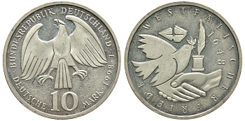 ФРГ 10 марок 1998 J, 350 лет Вестфальскому мирному договору KM 191 серебро 413-1931
