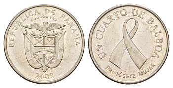 Панама 1/4 бальбоа (25 сентесимо) 2008 Рак молочной железы KM 137 медь плакированная медно-никелем UNC 4642-716
