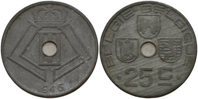 Бельгия 25 сантимов 1946 Belgie - Belgique, Леопольд III (1934-1947), германская оккупация, Вторая мировая война KM 132 цинк 4157-716
