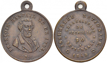 Франция медаль 1848 Франсуа Распай родился в 1794 году, национальное собрание, представитель народа, 20 сентября 1848 года, с ушком для носки, диаметр 24 мм., вес 5,1 гр бронза 4539-811