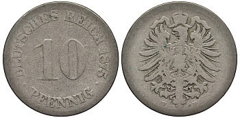 ГЕРМАНИЯ 10 ПФЕННИГОВ 1875 E, СТАРОГЕРБОВКА KM 4, Jager 4, Weege 7 медно-никель 4546-1125