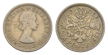 Великобритания 6 пенсов 1954 Елизавета II (1952-2022) KM 903, Spink 4149 медно-никель 4643-855