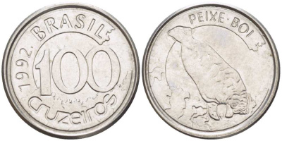 БРАЗИЛИЯ 100 КРУЗЕЙРО 1992 РЕФОРМА 1990-1993, ЛАМАНТИН KM 623 нержавеющая сталь 4392-154