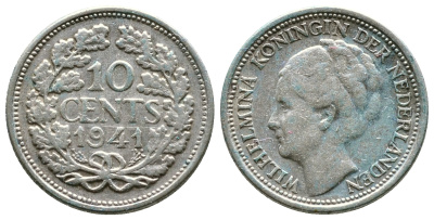 Нидерланды 10 центов 1941 Вильгельмина I (1890-1948) КМ 163 серебро 3999-1155
