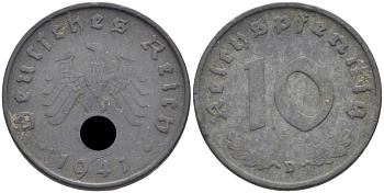 ГЕРМАНИЯ 10 РЕЙХСПФЕННИГОВ 1941 D KM 101, J. 371 цинк 4401-715
