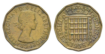 Великобритания 3 пенса 1958 Елизавета II (1952-2022) KM 900, Spink 4153 никель латунь 4571-741