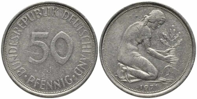 ФРГ 50 ПФЕННИГОВ 1971 J KM 109.1, J. 384 медно-никель 112-154