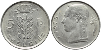 Бельгия 5 франков 1975 Belgie, Бодуэн I (1951-1993) KM 135.1 медно-никель 4110-1024