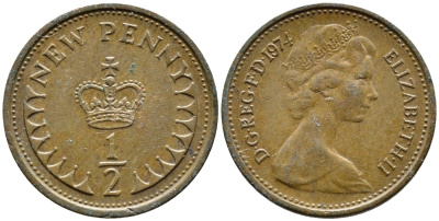 Великобритания 1/2 пенни 1974 Елизавета II (1952-2022) KM 914, Spink 4239 бронза 4392-469